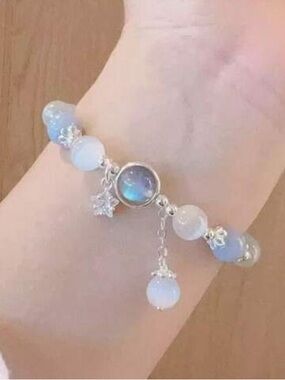 Silver Moonstone Charm Bracelet - White/Blue Beaded Bracelet